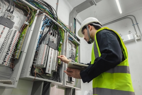 An electrician is inspecting an electrical panel while holding a clipboard.