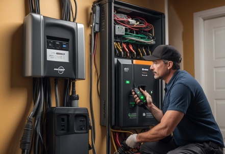 An electrician works on the switchboard in a home.